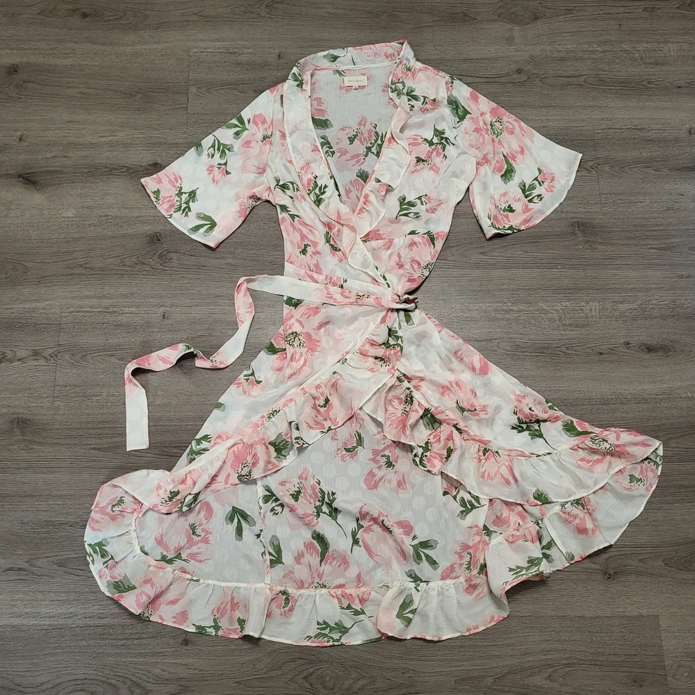 Melloday Pink Floral Ruffle Wrap Midi Dress Womens size Large Short Sleeve
